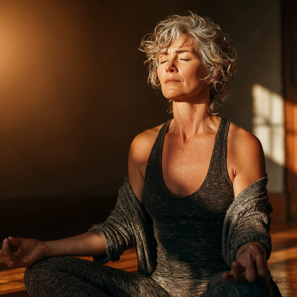 Middle-aged woman in her 50s practicing yoga meditation pose in serene studio setting with natural lighting