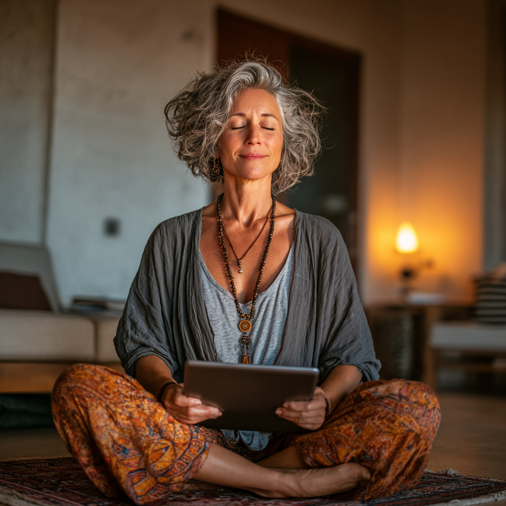 Woman in her early 50s following online yoga class on tablet while sitting comfortably at home in a peaceful environment